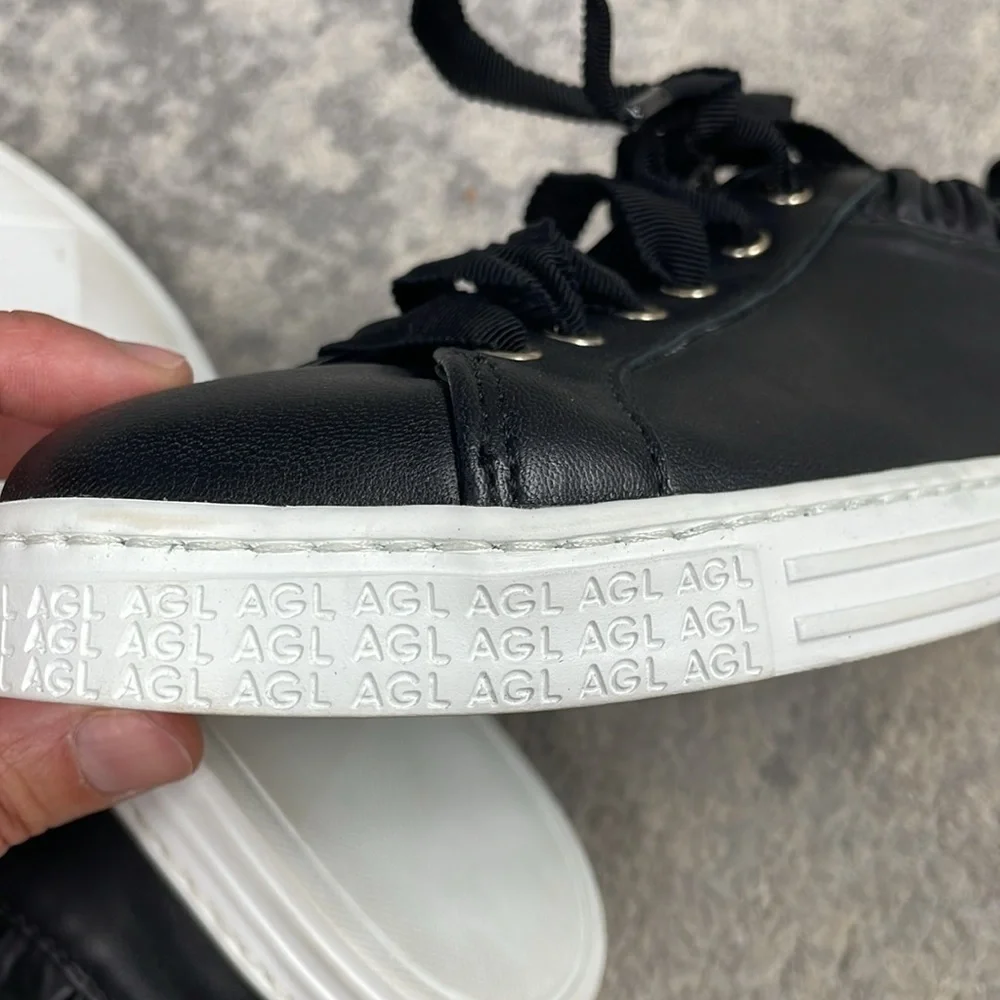 New AGL Suzie Elasticated Opening Sneakers Black Leather Lace Up Sz 36.5